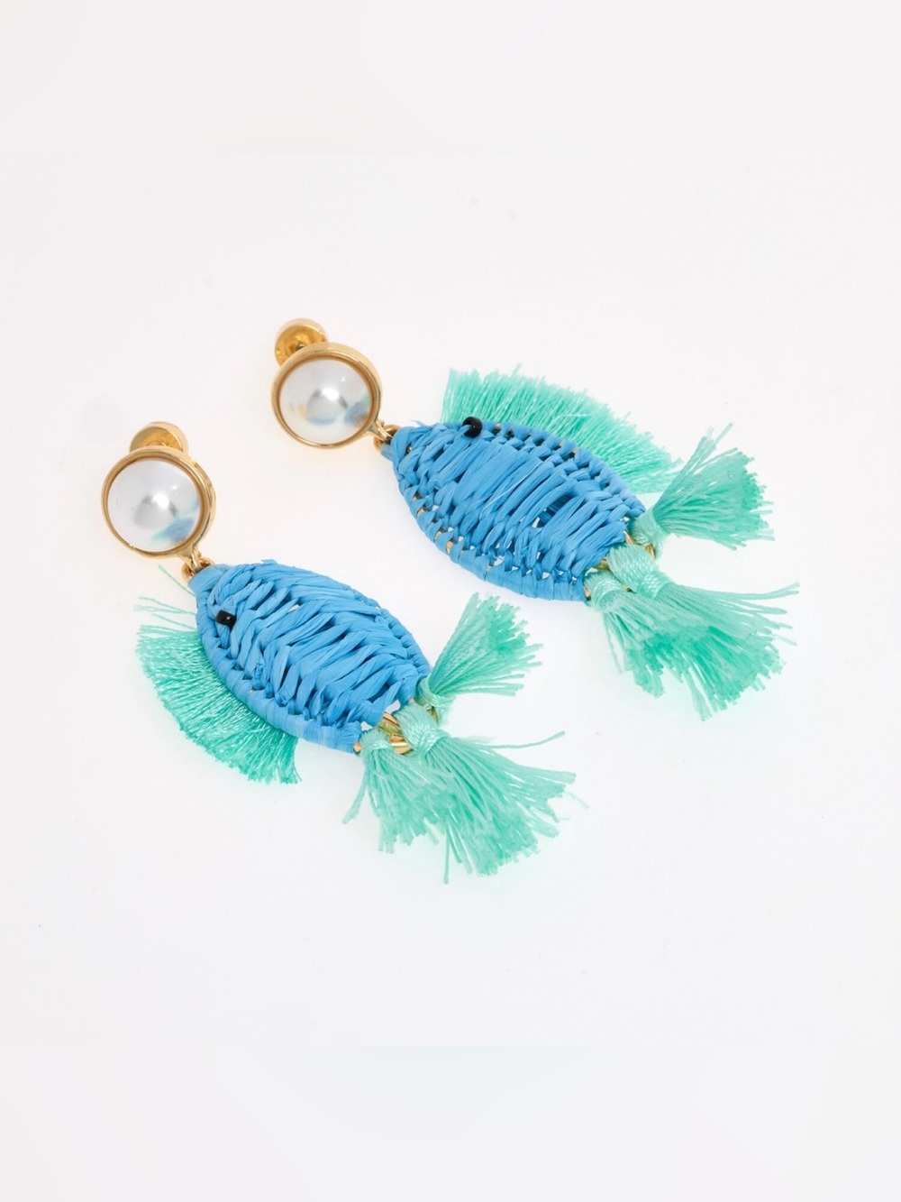 Blue Rattan & Pearl Fringed Fish Drop Statement Earrings